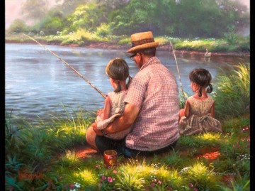 fishing father and daughter cartoon for kids Oil Paintings